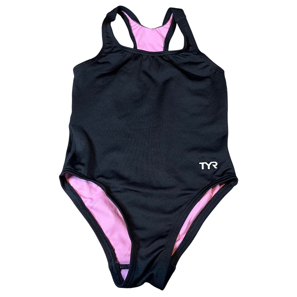 TYR Girls Durafast Elite Solid Maxfit One Piece Swimsuit Black Pink XS 4/5